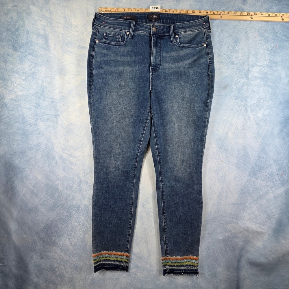 NYDJ Ami Skinny Jeans Womens 12 Blue Denim Lift Tuck‎ Embroidered Frayed Hem